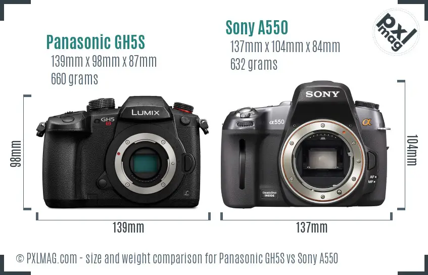Panasonic GH5S vs Sony A550 size comparison