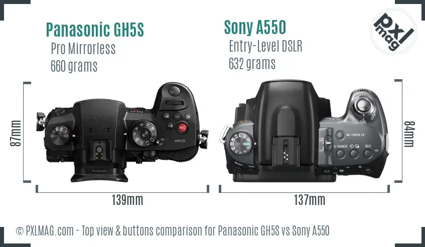 Panasonic GH5S vs Sony A550 top view buttons comparison