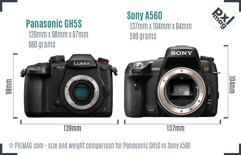 Panasonic GH5S vs Sony A560 size comparison