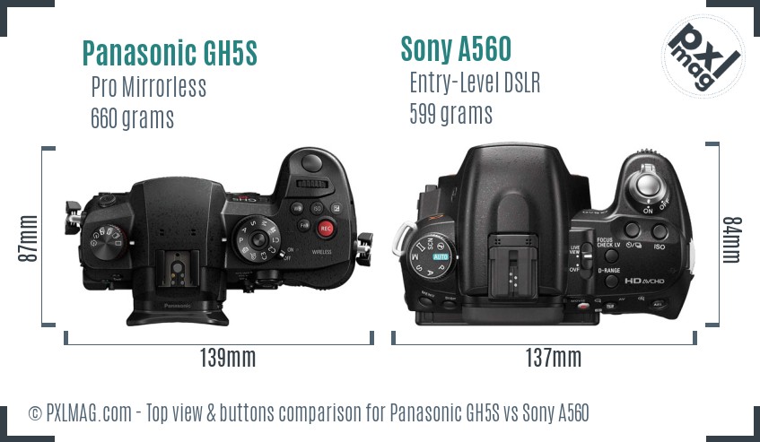 Panasonic GH5S vs Sony A560 top view buttons comparison