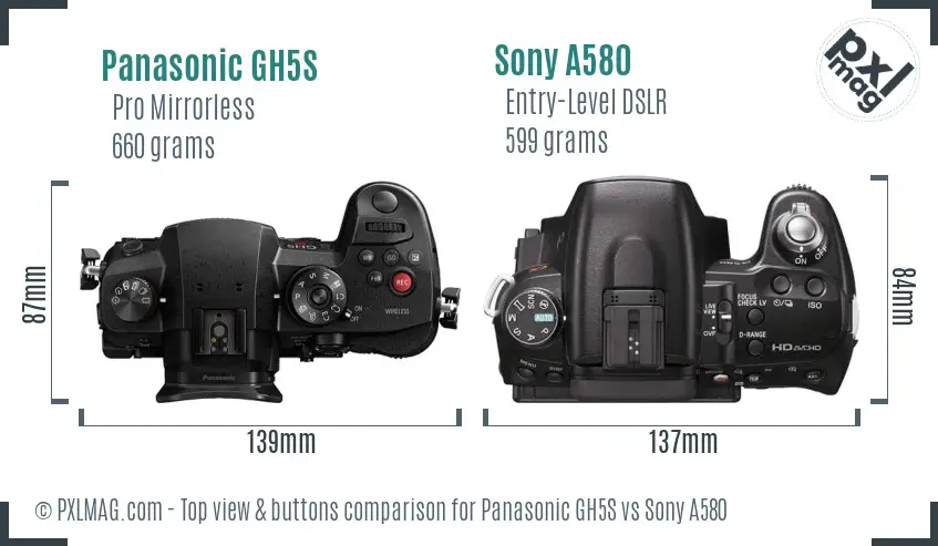 Panasonic GH5S vs Sony A580 top view buttons comparison
