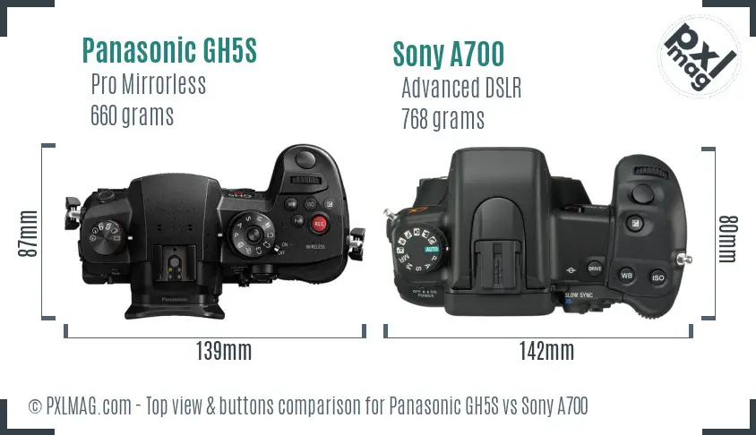 Panasonic GH5S vs Sony A700 top view buttons comparison