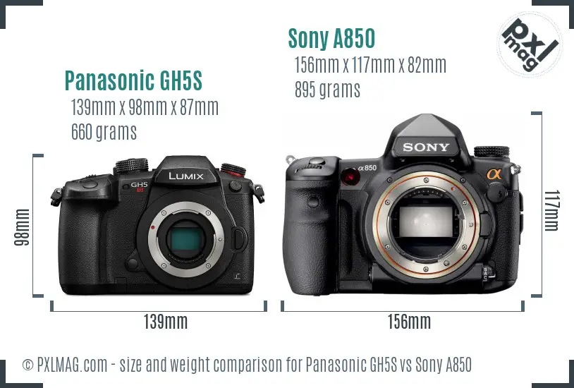 Panasonic GH5S vs Sony A850 size comparison