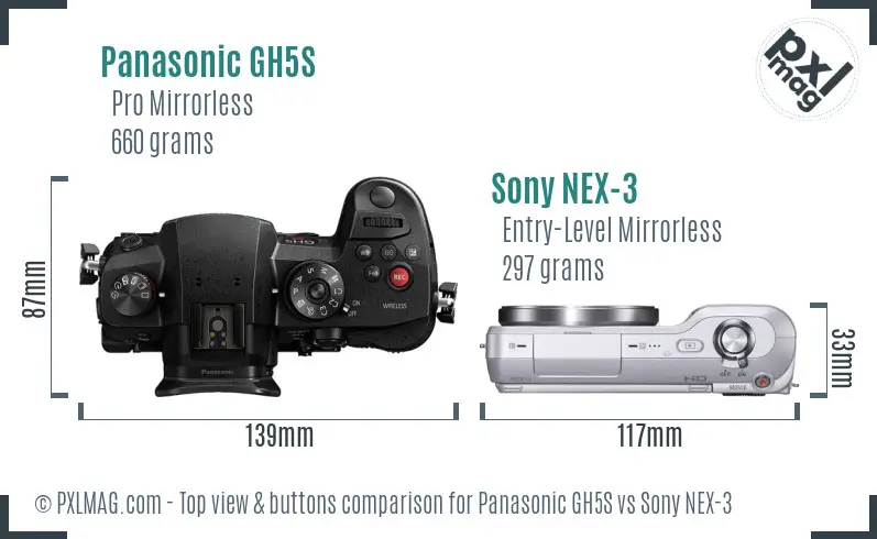 Panasonic GH5S vs Sony NEX-3 top view buttons comparison
