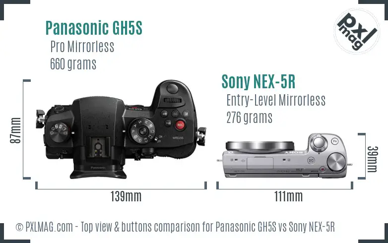 Panasonic GH5S vs Sony NEX-5R top view buttons comparison