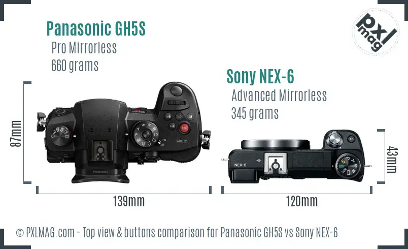 Panasonic GH5S vs Sony NEX-6 top view buttons comparison