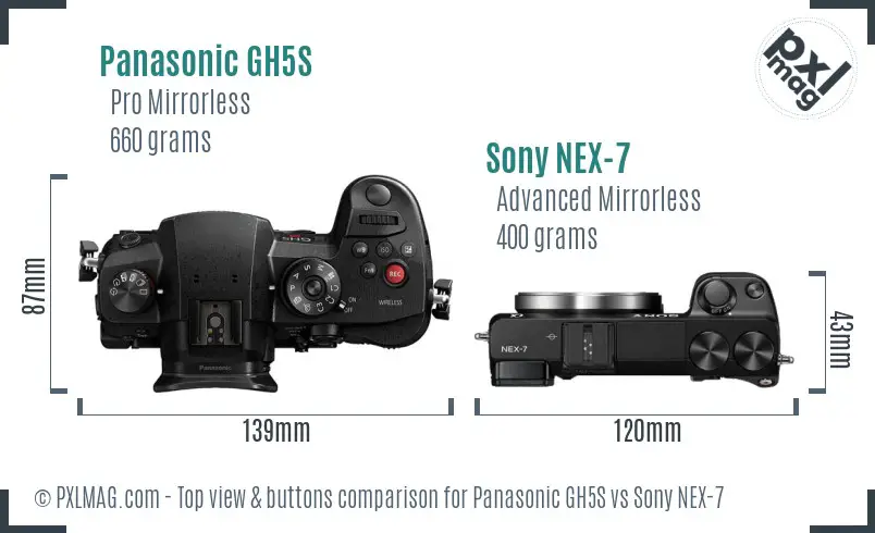 Panasonic GH5S vs Sony NEX-7 top view buttons comparison