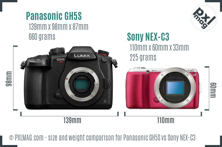 Panasonic GH5S vs Sony NEX-C3 size comparison