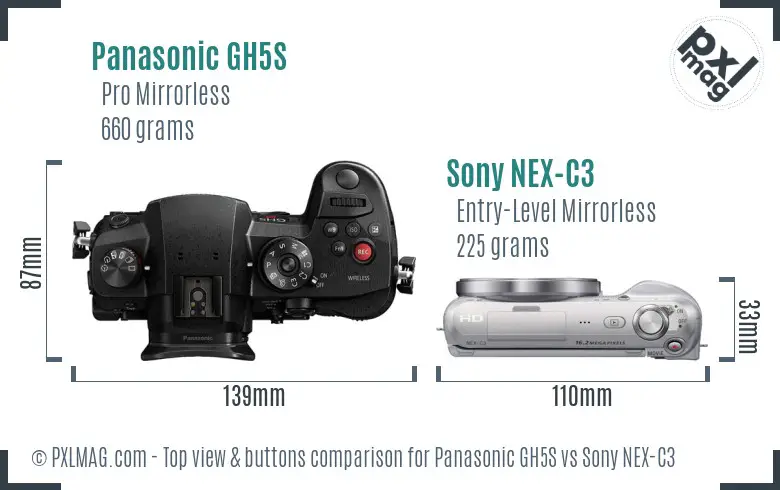 Panasonic GH5S vs Sony NEX-C3 top view buttons comparison