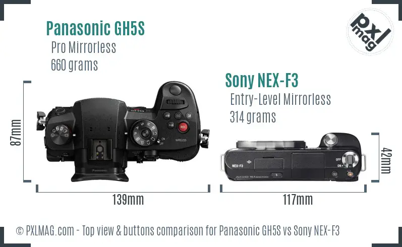 Panasonic GH5S vs Sony NEX-F3 top view buttons comparison