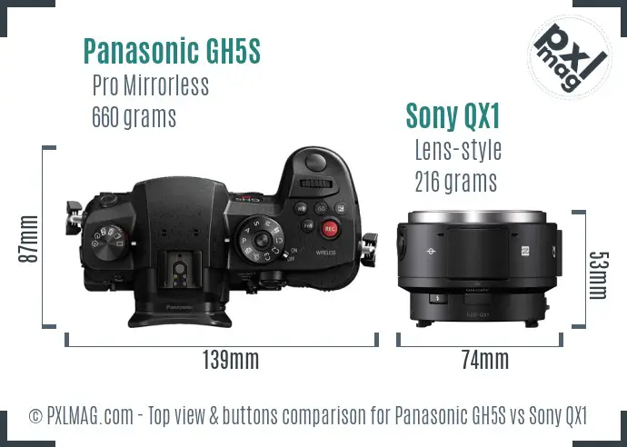 Panasonic GH5S vs Sony QX1 top view buttons comparison