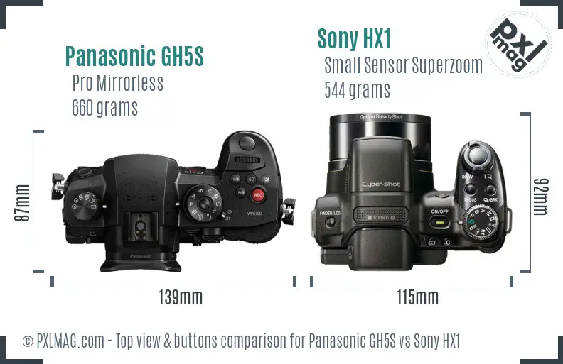 Panasonic GH5S vs Sony HX1 top view buttons comparison