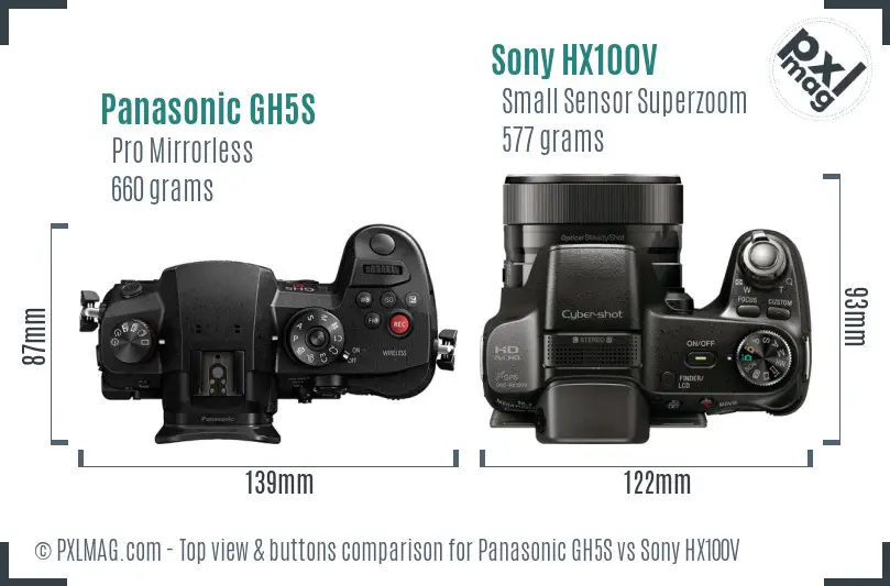 Panasonic GH5S vs Sony HX100V top view buttons comparison