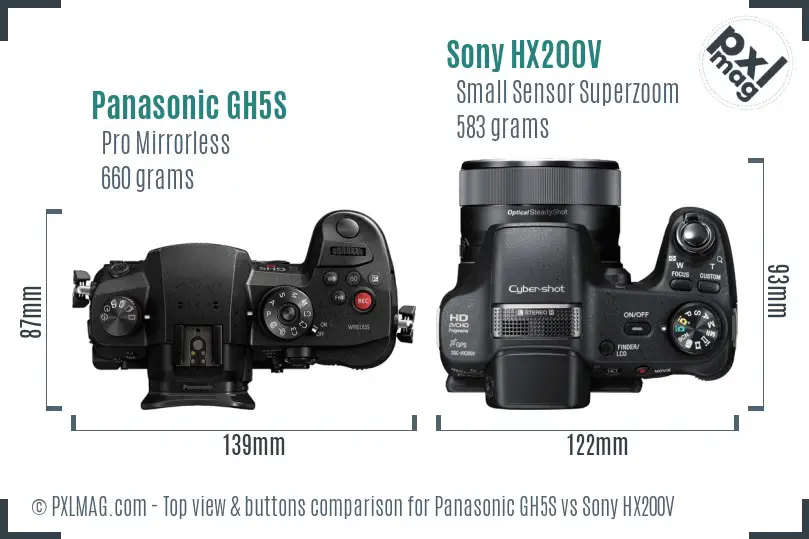 Panasonic GH5S vs Sony HX200V top view buttons comparison