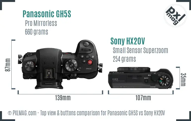 Panasonic GH5S vs Sony HX20V top view buttons comparison
