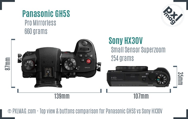 Panasonic GH5S vs Sony HX30V top view buttons comparison