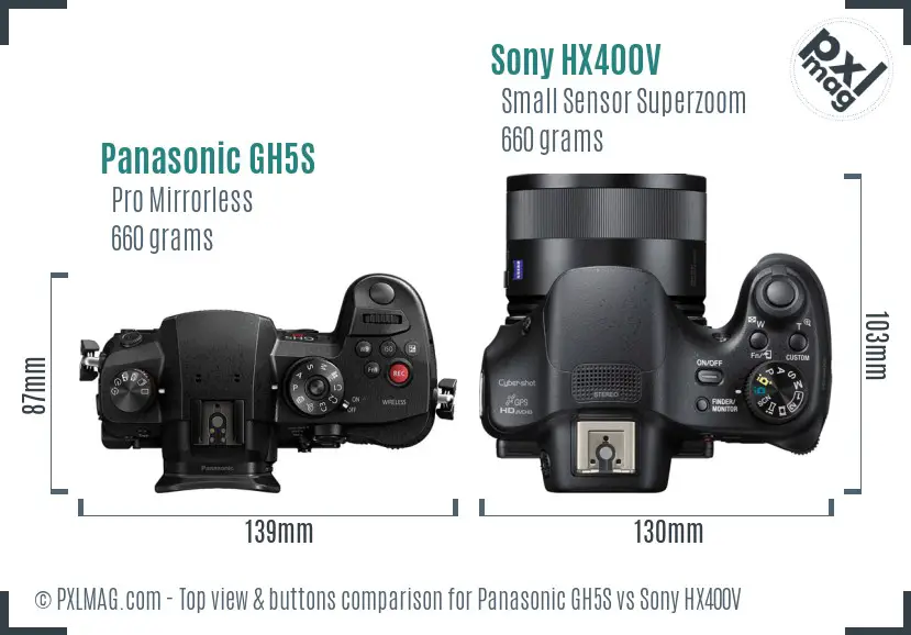 Panasonic GH5S vs Sony HX400V top view buttons comparison