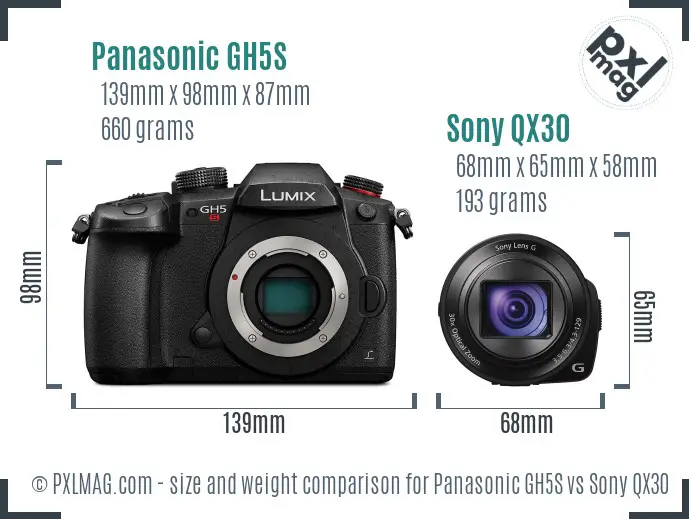 Panasonic GH5S vs Sony QX30 size comparison