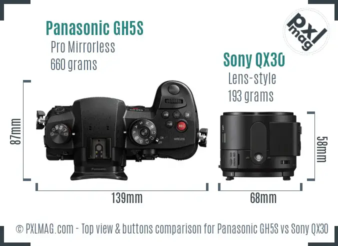Panasonic GH5S vs Sony QX30 top view buttons comparison