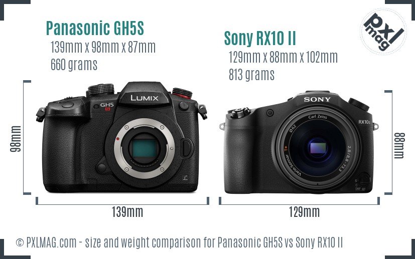 Panasonic GH5S vs Sony RX10 II size comparison