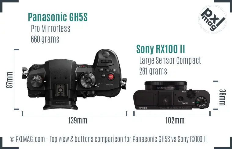 Panasonic GH5S vs Sony RX100 II top view buttons comparison