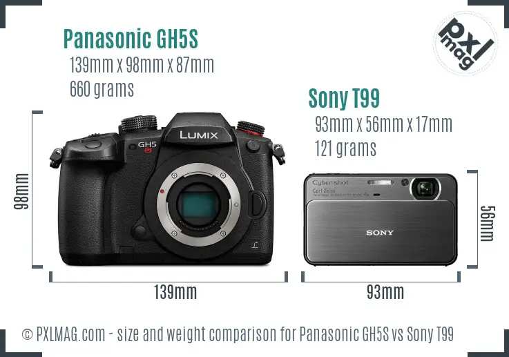 Panasonic GH5S vs Sony T99 size comparison