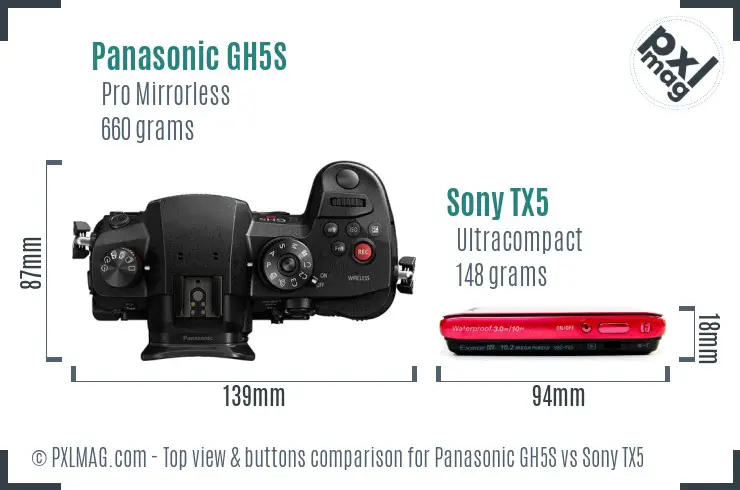 Panasonic GH5S vs Sony TX5 top view buttons comparison Panasonic GH5S vs Sony TX5 top view buttons comparison