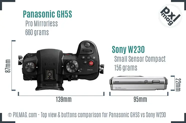 Panasonic GH5S vs Sony W230 top view buttons comparison Panasonic GH5S vs Sony W230 top view buttons comparison