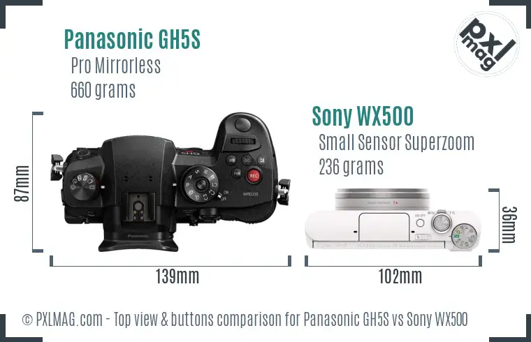 Panasonic GH5S vs Sony WX500 top view buttons comparison