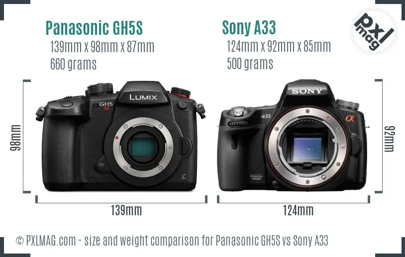 Panasonic GH5S vs Sony A33 size comparison