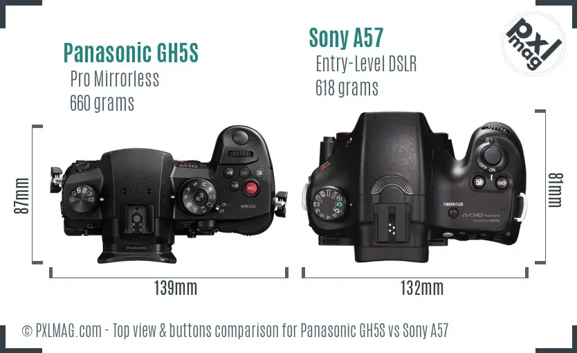 Panasonic GH5S vs Sony A57 top view buttons comparison