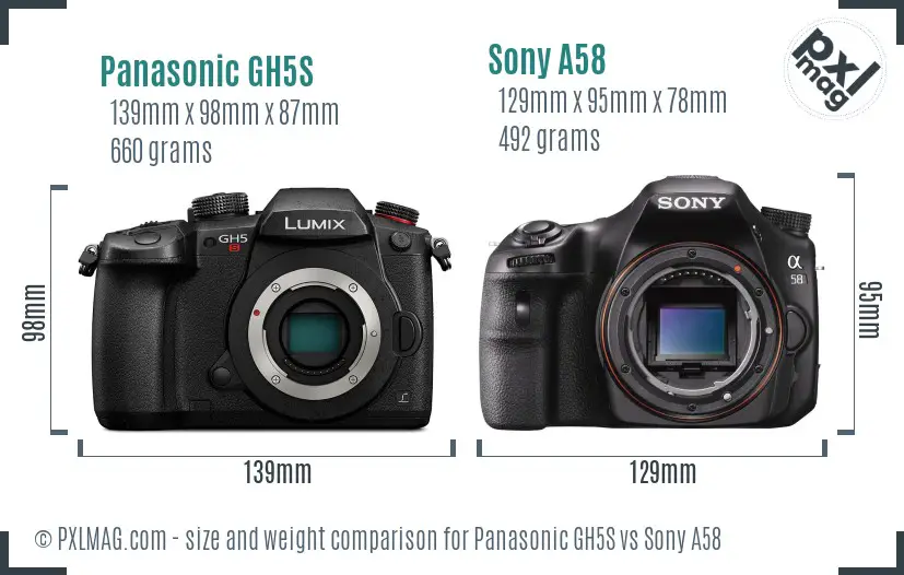 Panasonic GH5S vs Sony A58 size comparison