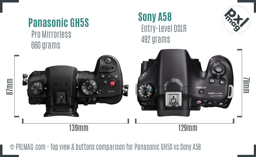 Panasonic GH5S vs Sony A58 top view buttons comparison