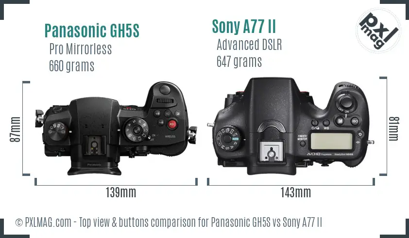 Panasonic GH5S vs Sony A77 II top view buttons comparison