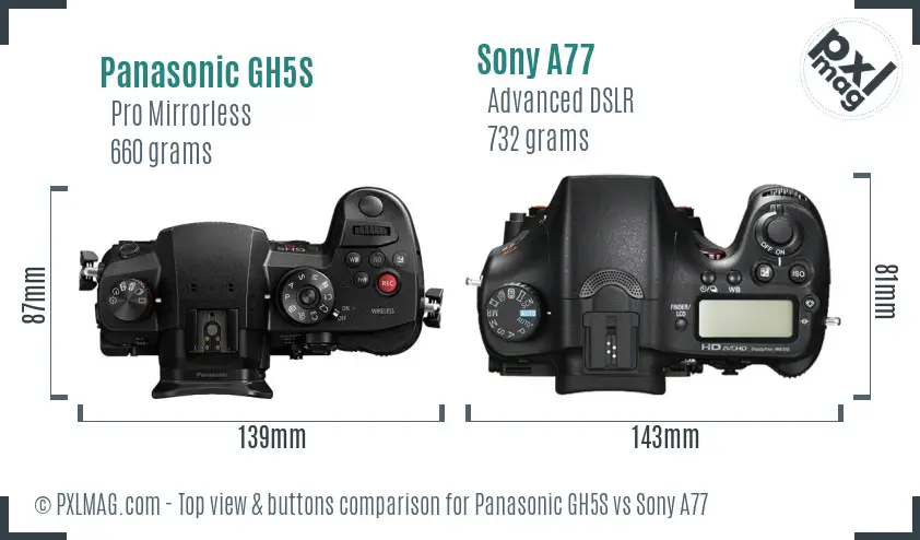 Panasonic GH5S vs Sony A77 top view buttons comparison