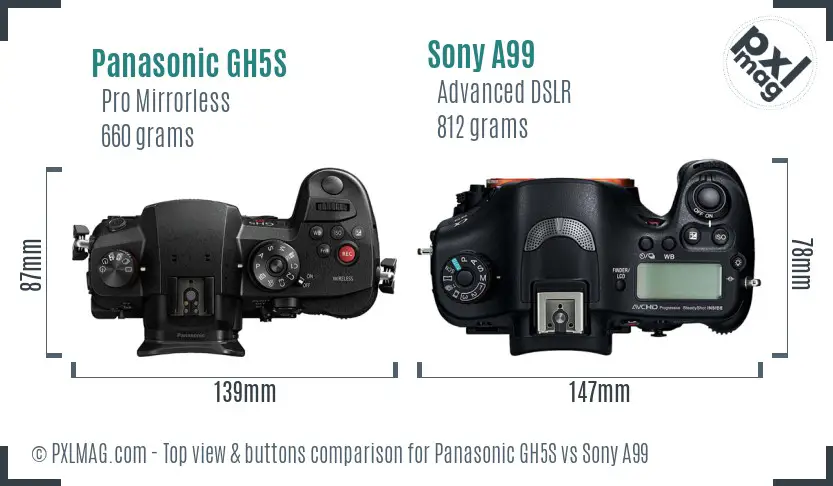 Panasonic GH5S vs Sony A99 top view buttons comparison