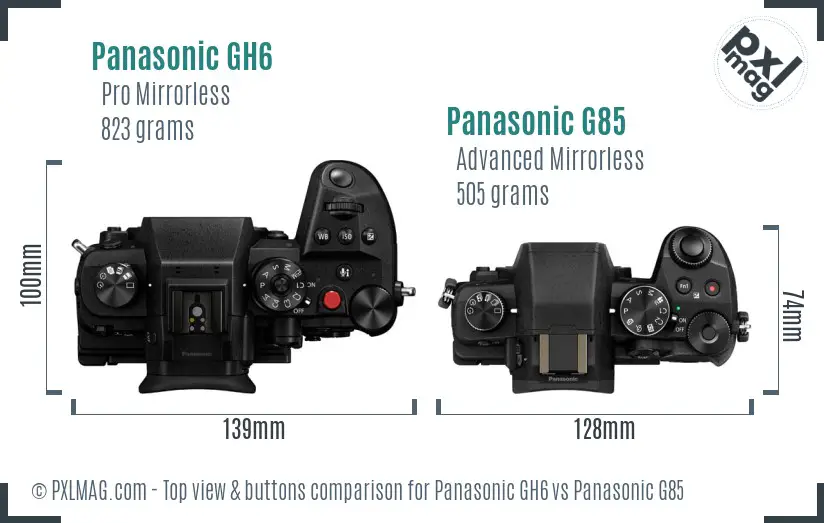 Panasonic GH6 vs Panasonic G85 top view buttons comparison