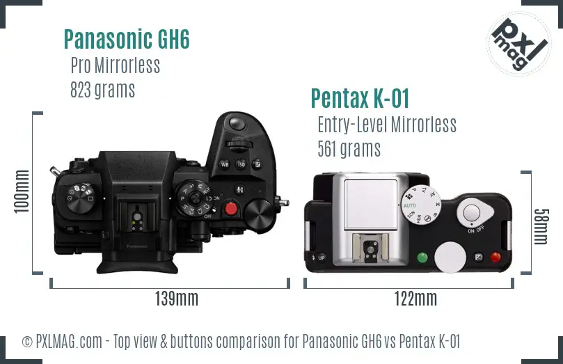 Panasonic GH6 vs Pentax K-01 top view buttons comparison