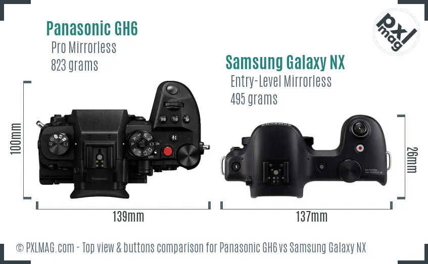 Panasonic GH6 vs Samsung Galaxy NX top view buttons comparison