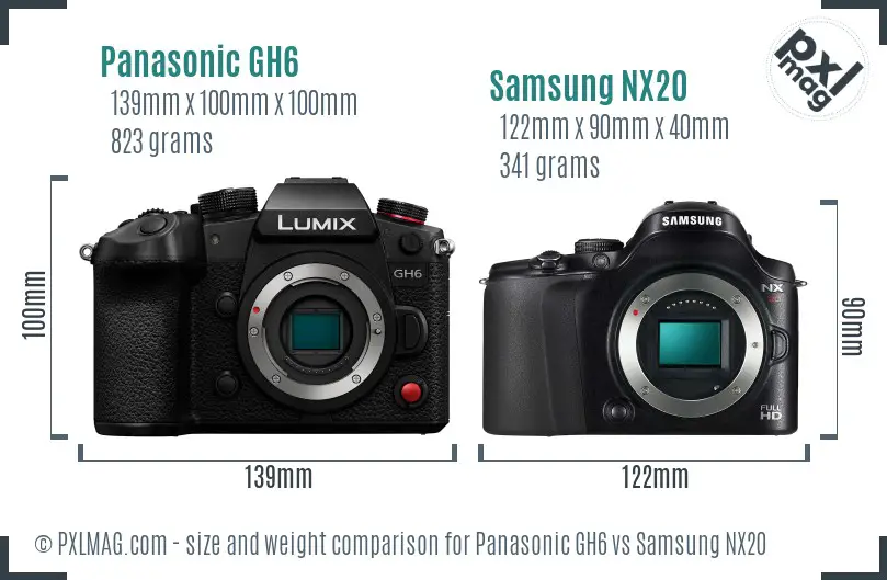 Panasonic GH6 vs Samsung NX20 size comparison