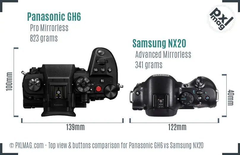 Panasonic GH6 vs Samsung NX20 top view buttons comparison