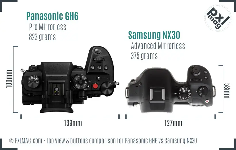 Panasonic GH6 vs Samsung NX30 top view buttons comparison
