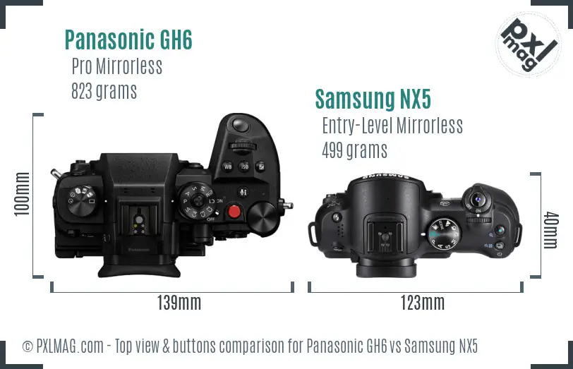 Panasonic GH6 vs Samsung NX5 top view buttons comparison Panasonic GH6 vs Samsung NX5 top view buttons comparison