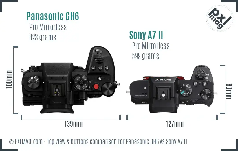 Panasonic GH6 vs Sony A7 II top view buttons comparison Panasonic GH6 vs Sony A7 II top view buttons comparison