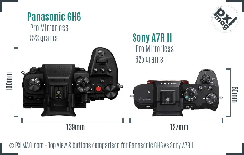 Panasonic GH6 vs Sony A7R II top view buttons comparison