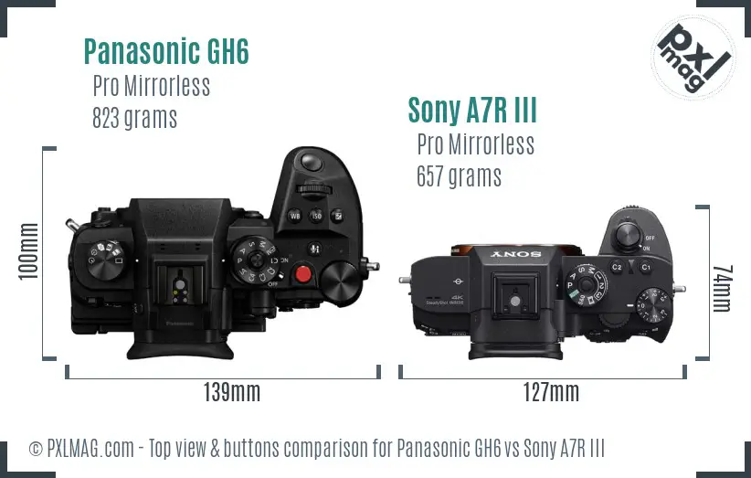 Panasonic GH6 vs Sony A7R III top view buttons comparison