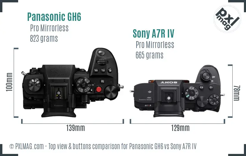 Panasonic GH6 vs Sony A7R IV top view buttons comparison