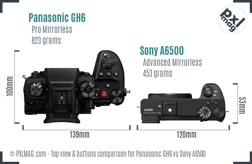 Panasonic GH6 vs Sony A6500 top view buttons comparison