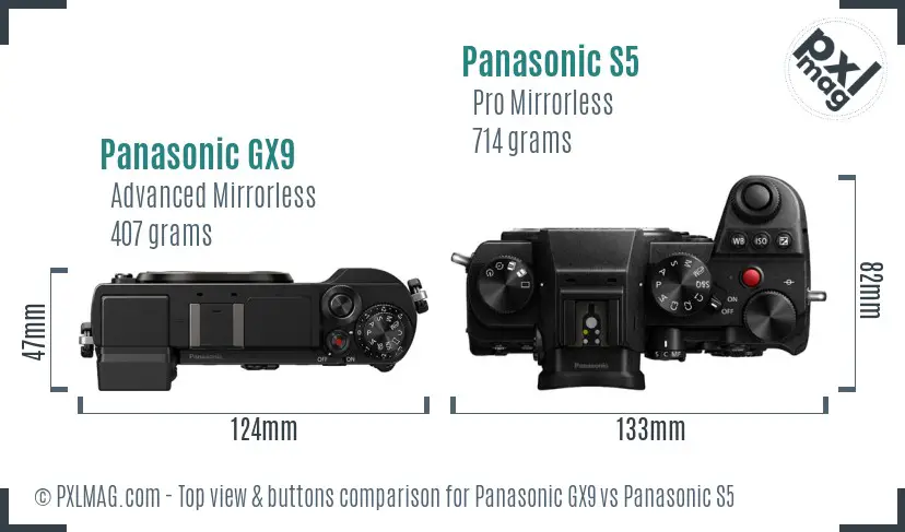 Panasonic GX9 vs Panasonic S5 top view buttons comparison