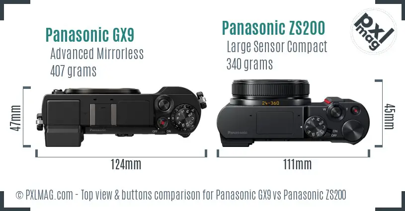 Panasonic GX9 vs Panasonic ZS200 top view buttons comparison